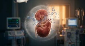 A photorealistic medical illustration depicting a human kidney suspended in soft clinical light against a dark background, with delicate molecular structures and antibody chains visually dissolving and fading away around it, suggesting a barrier being removed. In the background, subtle hints of a hospital dialysis ward with warm, hopeful lighting breaking through. The mood is quietly optimistic and scientific — precise, human, and forward-looking. Editorial photography style with a cinematic depth of field, muted blue and warm amber tones, no text or labels.