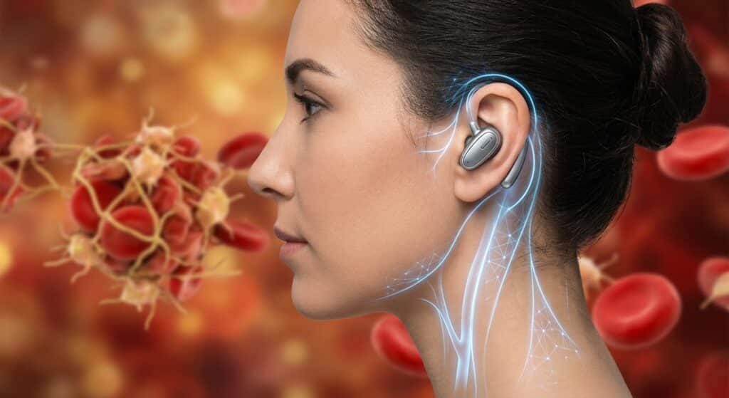 A realistic, editorial-style medical illustration showing a small, sleek wireless earpiece device attached to the outer ear of a person, with subtle glowing blue electrical impulse lines tracing along the auricular nerve pathways behind the ear and down the neck, representing vagus and trigeminal nerve stimulation. In the background, a soft scientific visualization of blood platelets clustering and forming a coagulation network, rendered in warm amber and red tones. The overall mood is clinical yet futuristic, combining human anatomy with cutting-edge bioelectronic technology. Soft studio lighting, clean and precise aesthetic, no text or labels.