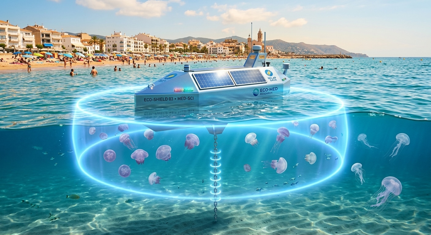 A sleek, futuristic buoy floating on a sun-drenched Mediterranean sea near a Spanish beach, emitting a subtle glowing electromagnetic field that extends outward through the clear blue water. Several translucent jellyfish drift motionlessly in the water, suspended and still near the invisible barrier, while others swim freely beyond the field's reach. The buoy is anchored by a vertical chain descending into the sandy seafloor, with visible coils distributed along its length. Solar panels gleam on top of the buoy under bright summer sunlight. In the background, a crowded sandy beach with sunbathers and swimmers is visible. The mood is scientific yet hopeful, with a warm Mediterranean color palette of turquoise water, golden sand, and soft electric-blue glow emanating from the device. Photorealistic editorial illustration style.