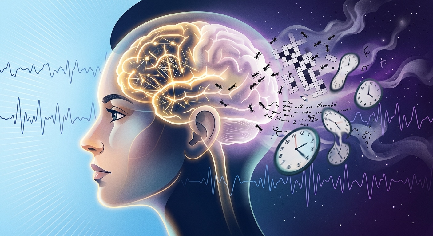 A surreal, editorial-style illustration of a human head in profile, partially transparent, showing a glowing brain inside divided into two contrasting halves: one side bathed in warm waking light with sharp neural connections forming geometric patterns, the other dissolving into soft, dreamlike imagery — floating ants crawling over crossword puzzle grids, blurred clocks, fragmented thoughts drifting like smoke. EEG waveform lines weave across the composition, subtly blurring and overlapping between the two states. The background transitions from crisp daylight blue on one side to deep violet night on the other, with no clear boundary between them. The overall mood is scientific yet dreamlike, precise yet mysterious. Render in a modern digital illustration style with clean lines, soft glow effects, and a sophisticated editorial palette of navy, gold, soft white, and violet.