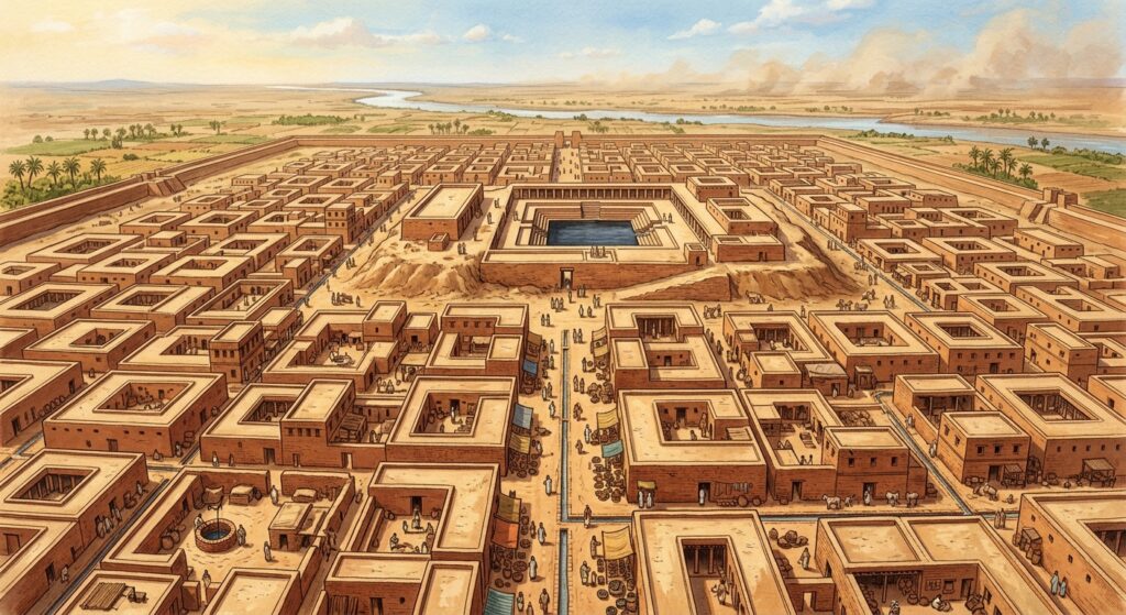 A sweeping aerial-perspective illustration of the ancient city of Mohenjo-daro at its peak, set in the warm golden light of a Bronze Age afternoon. The city stretches across a flat floodplain in the Indus Valley, rendered in a detailed, painterly editorial style. Orderly grid-pattern streets of uniform fired brick divide the city into neat residential blocks, each modest home roughly similar in size to its neighbors. At the heart of the city, the Great Bath — a large, stepped rectangular pool of dark water — gleams prominently, surrounded by colonnaded walkways. No palace towers over the skyline, no monumental tomb or statue dominates the view. Instead, the scene emphasizes civic infrastructure: visible drainage channels running beneath the streets, evenly distributed stone wells, and the quiet uniformity of a city built for everyone. Small figures in simple cloth garments walk the straight roads, merchants exchange goods in doorways, stone weights and carved steatite seals visible on market tables. The overall tone is dignified, egalitarian, and subtly extraordinary — a civilization that achieved architectural sophistication and social equity without kings or monuments. Soft dust haze on the horizon, pale blue sky overhead, warm terracotta and ochre tones throughout. Editorial illustration style, detailed and historically grounded.