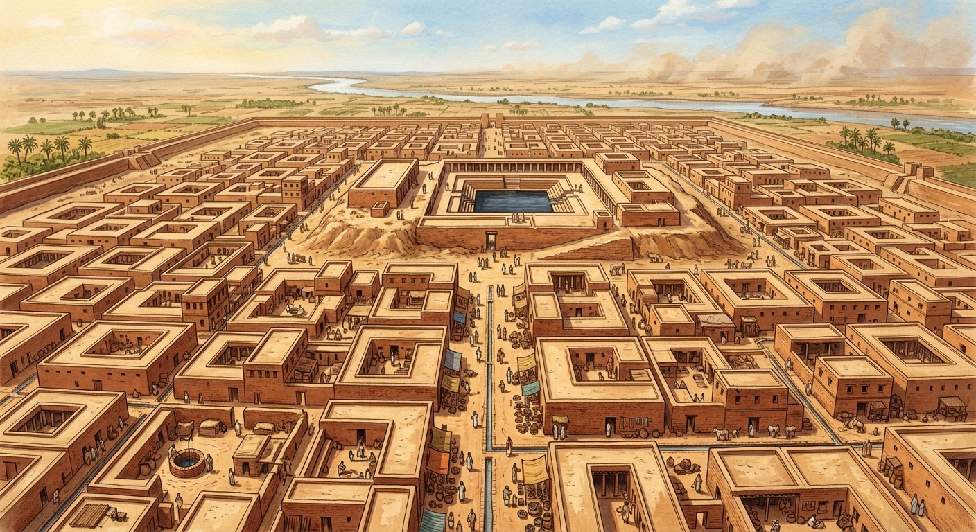 A sweeping aerial-perspective illustration of the ancient city of Mohenjo-daro at its peak, set in the warm golden light of a Bronze Age afternoon. The city stretches across a flat floodplain in the Indus Valley, rendered in a detailed, painterly editorial style. Orderly grid-pattern streets of uniform fired brick divide the city into neat residential blocks, each modest home roughly similar in size to its neighbors. At the heart of the city, the Great Bath — a large, stepped rectangular pool of dark water — gleams prominently, surrounded by colonnaded walkways. No palace towers over the skyline, no monumental tomb or statue dominates the view. Instead, the scene emphasizes civic infrastructure: visible drainage channels running beneath the streets, evenly distributed stone wells, and the quiet uniformity of a city built for everyone. Small figures in simple cloth garments walk the straight roads, merchants exchange goods in doorways, stone weights and carved steatite seals visible on market tables. The overall tone is dignified, egalitarian, and subtly extraordinary — a civilization that achieved architectural sophistication and social equity without kings or monuments. Soft dust haze on the horizon, pale blue sky overhead, warm terracotta and ochre tones throughout. Editorial illustration style, detailed and historically grounded.