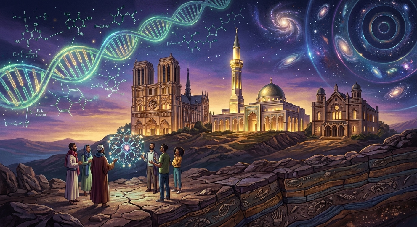 A sweeping editorial illustration depicting the intersection of ancient faith and cutting-edge science: a vast, luminous landscape where a towering cathedral, a mosque with a gleaming minaret, and a synagogue stand side by side under a twilight sky filled with double-helix strands of DNA floating like auroras. In the foreground, a diverse group of small human figures gathers around a glowing neural interface suspended in mid-air, their faces lit with contemplative wonder. In the background, distant galaxies and multiple universe rings suggest an infinite cosmos. The ground beneath the figures is cracked open to reveal layers of geological time, symbolizing the slow pace of civilizational change. The color palette blends deep indigo and gold with bioluminescent greens, evoking both sacred tradition and scientific discovery. The mood is thoughtful, vast, and quietly hopeful — cinematic editorial style with painterly depth.