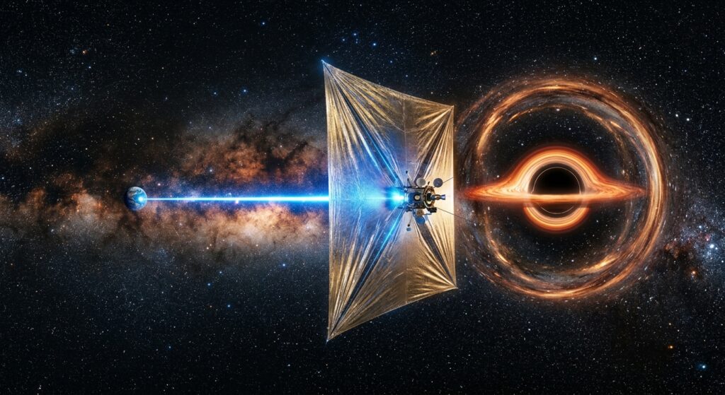 A tiny gram-scale spacecraft with a large square gossamer-thin metallic sail glides through deep interstellar space, illuminated by a powerful blue laser beam originating from a distant Earth visible far behind. Ahead, a dramatic stellar black hole warps spacetime, bending starlight into a glowing Einstein ring against a rich star field of the Milky Way. The scene is cinematic and scientifically evocative, rendered in a dark, awe-inspiring style with deep blacks, electric blues, and warm star glows — blending hard science fiction aesthetics with the grandeur of astrophysics. No text, no labels, photorealistic digital illustration style.