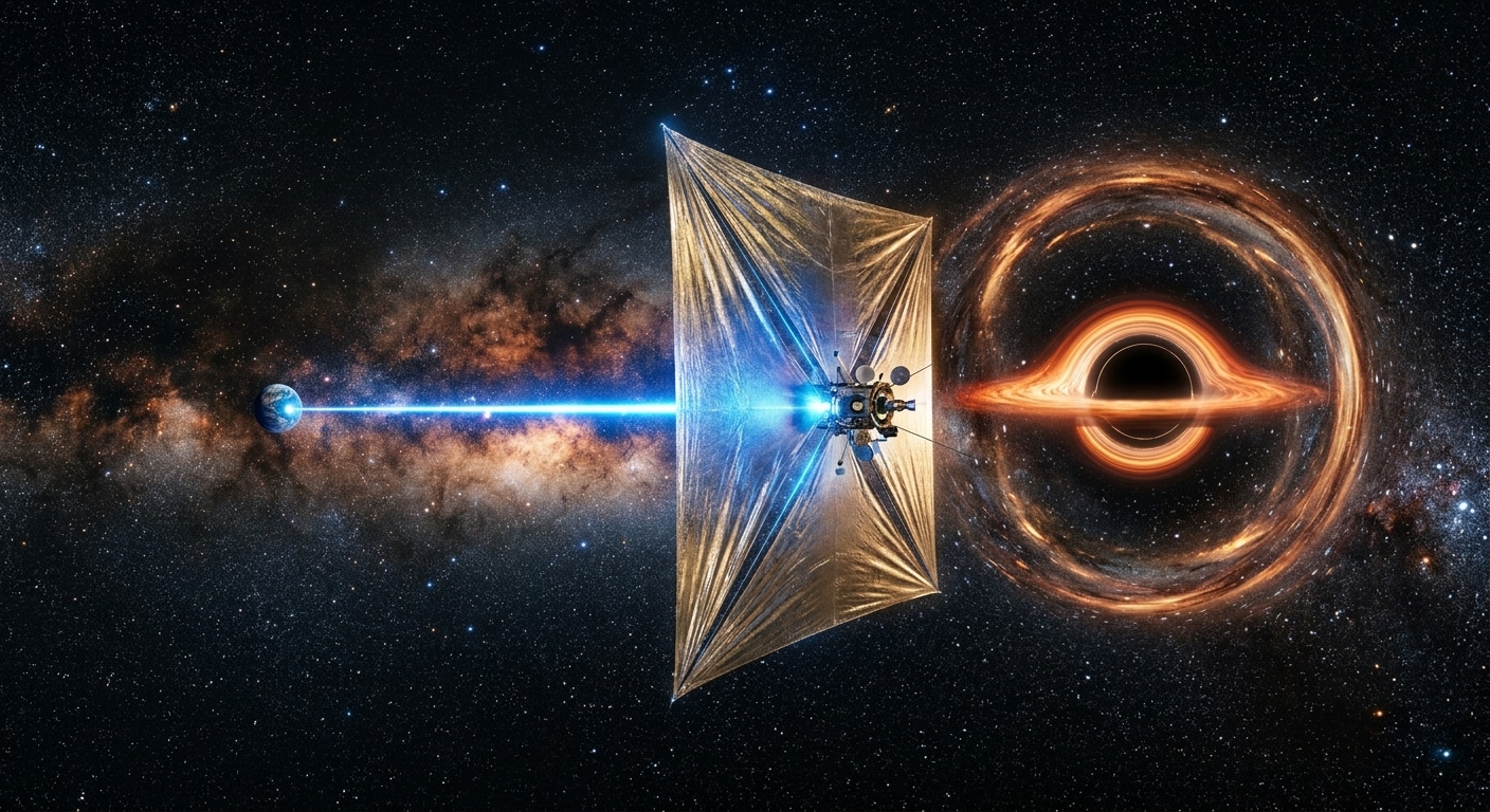 A tiny gram-scale spacecraft with a large square gossamer-thin metallic sail glides through deep interstellar space, illuminated by a powerful blue laser beam originating from a distant Earth visible far behind. Ahead, a dramatic stellar black hole warps spacetime, bending starlight into a glowing Einstein ring against a rich star field of the Milky Way. The scene is cinematic and scientifically evocative, rendered in a dark, awe-inspiring style with deep blacks, electric blues, and warm star glows — blending hard science fiction aesthetics with the grandeur of astrophysics. No text, no labels, photorealistic digital illustration style.