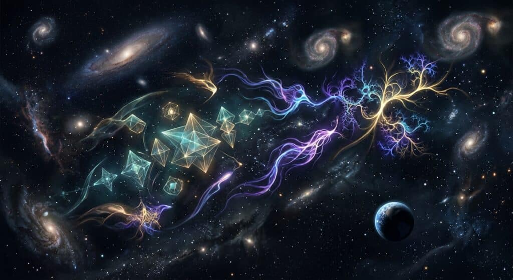 A vast, dark cosmic scene filled with swirling galaxies and distant star systems, where abstract luminous entities of various non-humanoid forms drift through deep space — some appearing as geometric crystalline structures emitting soft bioluminescent light, others as fluid plasma-like filaments or intricate fractal patterns. These alien presences suggest consciousness and intelligence without any biological or humanoid features, existing as pure patterns of energy and complexity. The color palette is deep indigo and black with glowing teal, violet, and gold highlights. In the foreground, a faint silhouette of Earth is visible, tiny and insignificant against the scale of the cosmos. The overall mood is philosophical, awe-inspiring, and slightly unsettling — a meditation on the nature of mind beyond matter. Cinematic, editorial-style digital illustration with a scientific and speculative aesthetic.