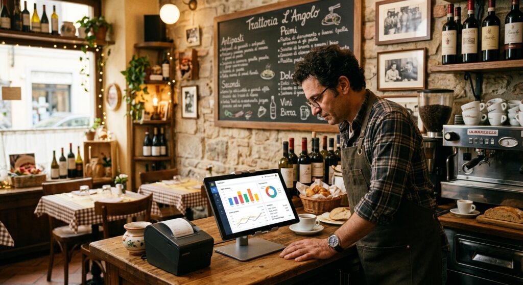 A warm, intimate small Italian restaurant interior during a quiet moment between service rushes, with a modern point-of-sale tablet on the counter displaying colorful sales charts and analytics. A focused owner or manager in an apron leans over the counter reviewing the data, surrounded by a chalkboard menu on the wall, espresso cups, and bistro-style décor. Soft ambient lighting creates a cozy atmosphere that blends the artisanal soul of a traditional trattoria with the practical efficiency of modern business tools. Editorial photography style, shallow depth of field, warm golden tones.