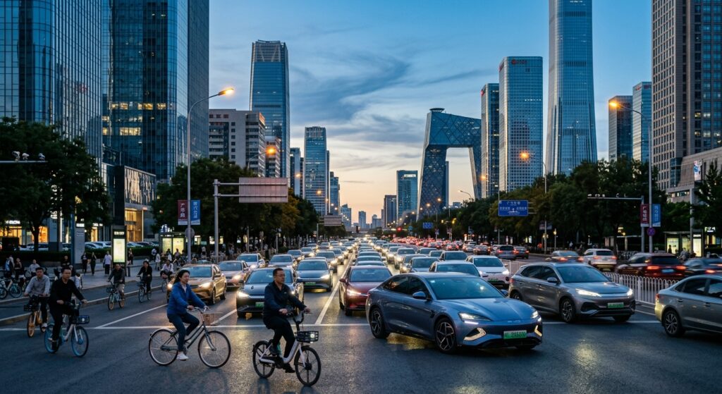 A wide-angle editorial photograph of a modern Beijing urban boulevard at dusk, filled with sleek electric vehicles in near-silent traffic, their headlights glowing softly against a dramatically cleaner sky with visible blue tones and fading golden light. In the foreground, a mix of BYD-style modern electric cars and a few traditional bicycles coexist on the road, symbolizing the city's transformation over two decades. Towering glass and steel skyscrapers line the avenue, reflecting the electric glow of the traffic below. The mood is cinematic and contemplative, with a sense of industrial triumph and quiet revolution. Photorealistic style, high detail, shallow depth of field, moody atmospheric lighting.