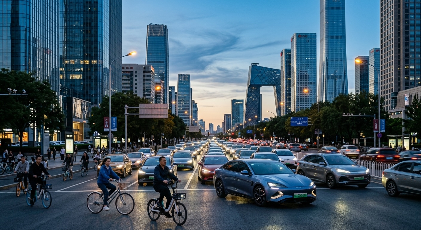 A wide-angle editorial photograph of a modern Beijing urban boulevard at dusk, filled with sleek electric vehicles in near-silent traffic, their headlights glowing softly against a dramatically cleaner sky with visible blue tones and fading golden light. In the foreground, a mix of BYD-style modern electric cars and a few traditional bicycles coexist on the road, symbolizing the city's transformation over two decades. Towering glass and steel skyscrapers line the avenue, reflecting the electric glow of the traffic below. The mood is cinematic and contemplative, with a sense of industrial triumph and quiet revolution. Photorealistic style, high detail, shallow depth of field, moody atmospheric lighting.