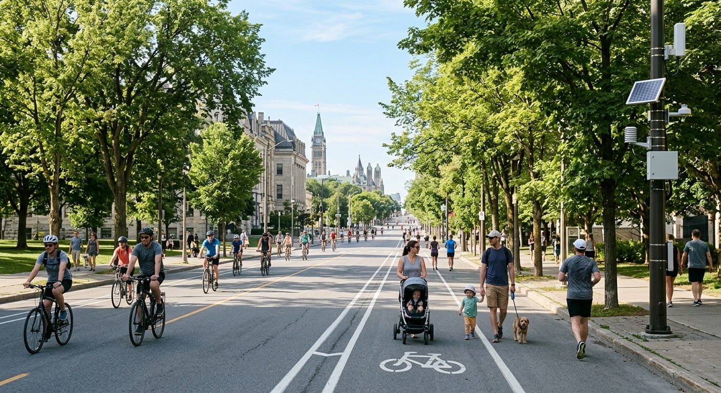 A wide, sunlit urban boulevard in Ottawa transformed into a car-free space on a summer morning, filled with cyclists, joggers, and families pushing strollers along smooth asphalt lined with mature green trees. The road stretches into the distance under a clear blue sky, completely empty of motor vehicles. In the foreground, a few discreet air quality monitoring sensors are mounted on poles along the roadside, blending into the peaceful scene. The atmosphere is calm, airy, and spacious — a stark contrast to typical city traffic. Soft morning light filters through the tree canopy, casting dappled shadows across the path. The mood is serene and optimistic, editorial photography style, natural colors, shallow depth of field.