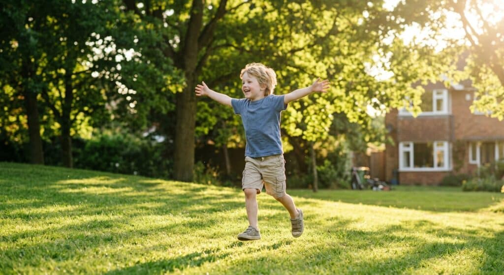 A young child playing outdoors in warm afternoon sunlight, running freely through a green park or garden, arms outstretched, wearing casual everyday clothes. The golden sunlight streams through the leaves of nearby trees, casting dappled light across the scene. In the soft background, a blurred domestic setting suggests the contrast between indoor and outdoor life. The mood is warm, gentle, and quietly joyful — evoking the simple rhythm of childhood, natural light, and everyday wellbeing. Soft, editorial photographic style with natural colors, shallow depth of field, and a serene, thoughtful atmosphere.