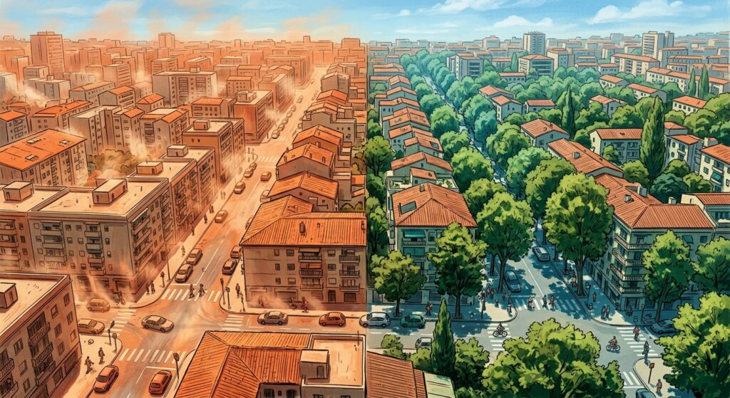 An aerial editorial-style illustration of a dense southern European city in summer, showing a stark contrast between two urban neighborhoods side by side: one side dominated by sun-baked asphalt, concrete buildings, and bare streets with almost no trees, radiating intense heat visualized through shimmering heat haze and warm orange-red tones; the other side featuring mature, full-canopy trees lining streets close to residential buildings, casting deep green shadows and cooler blue-tinted light. The perspective is slightly elevated, emphasizing the close proximity of trees to building facades on one side and the exposed, treeless environment on the other. The overall mood is documentary and urgent, rendered in a realistic painterly style with sharp contrast between scorching urban heat and cool arboreal shade.