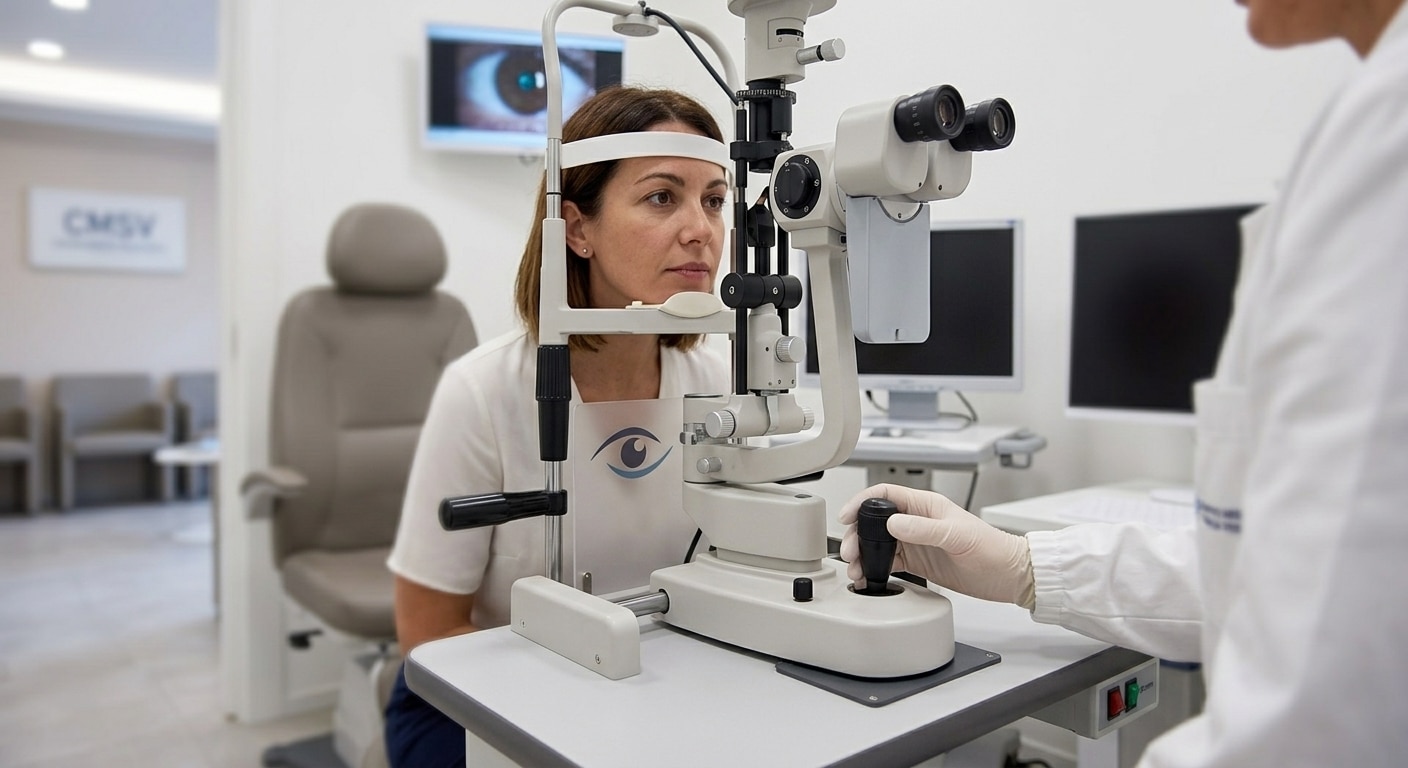 Interno di un centro medico sui difetti della vista. Pochi testi, ma si deve