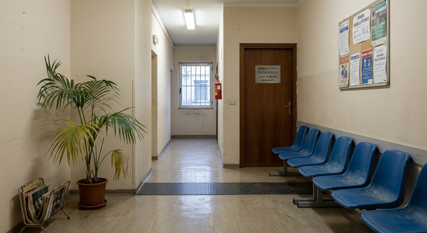 La sala d'attesa di un ambulatorio di psichiatria in un ospedale pubblico