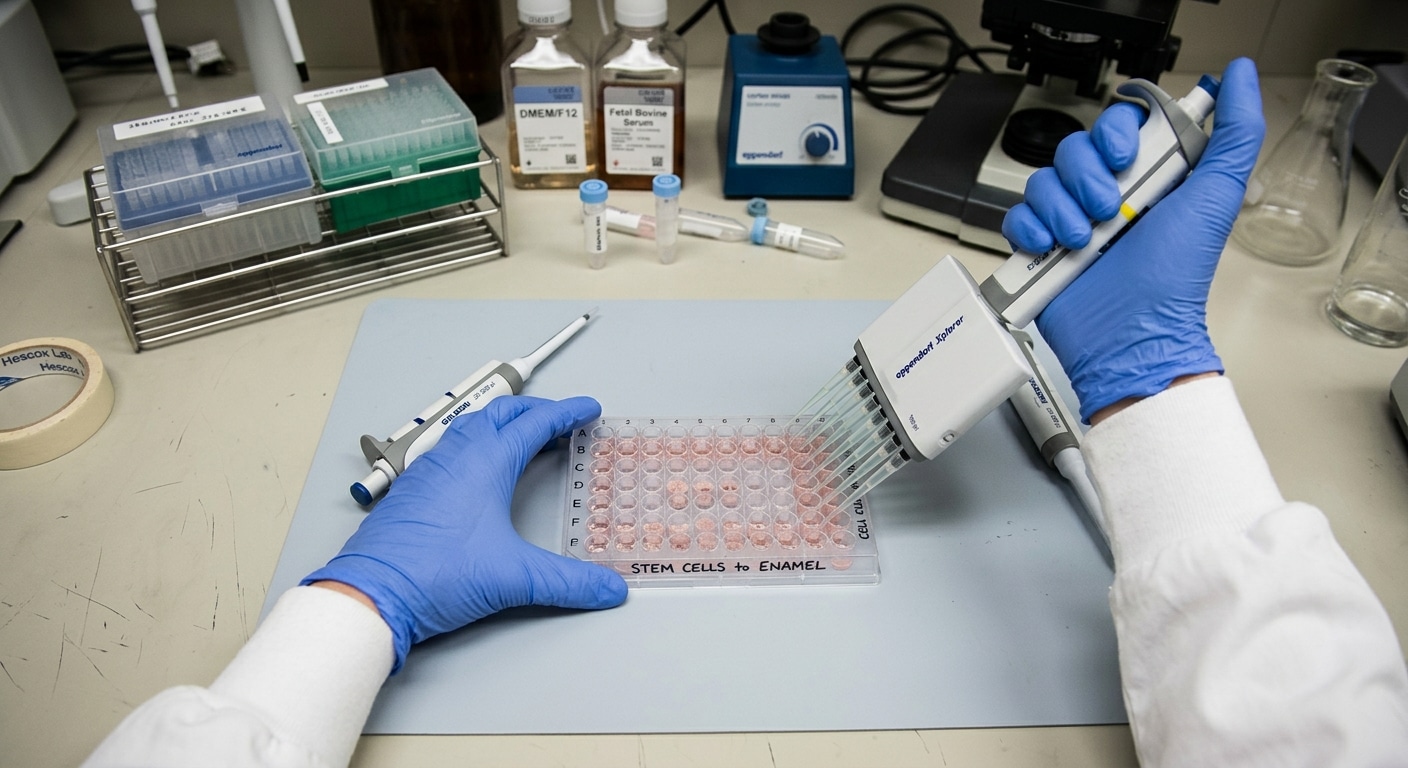 smalto Piastra di coltura cellulare vista dall'alto su un banco da laboratorio,