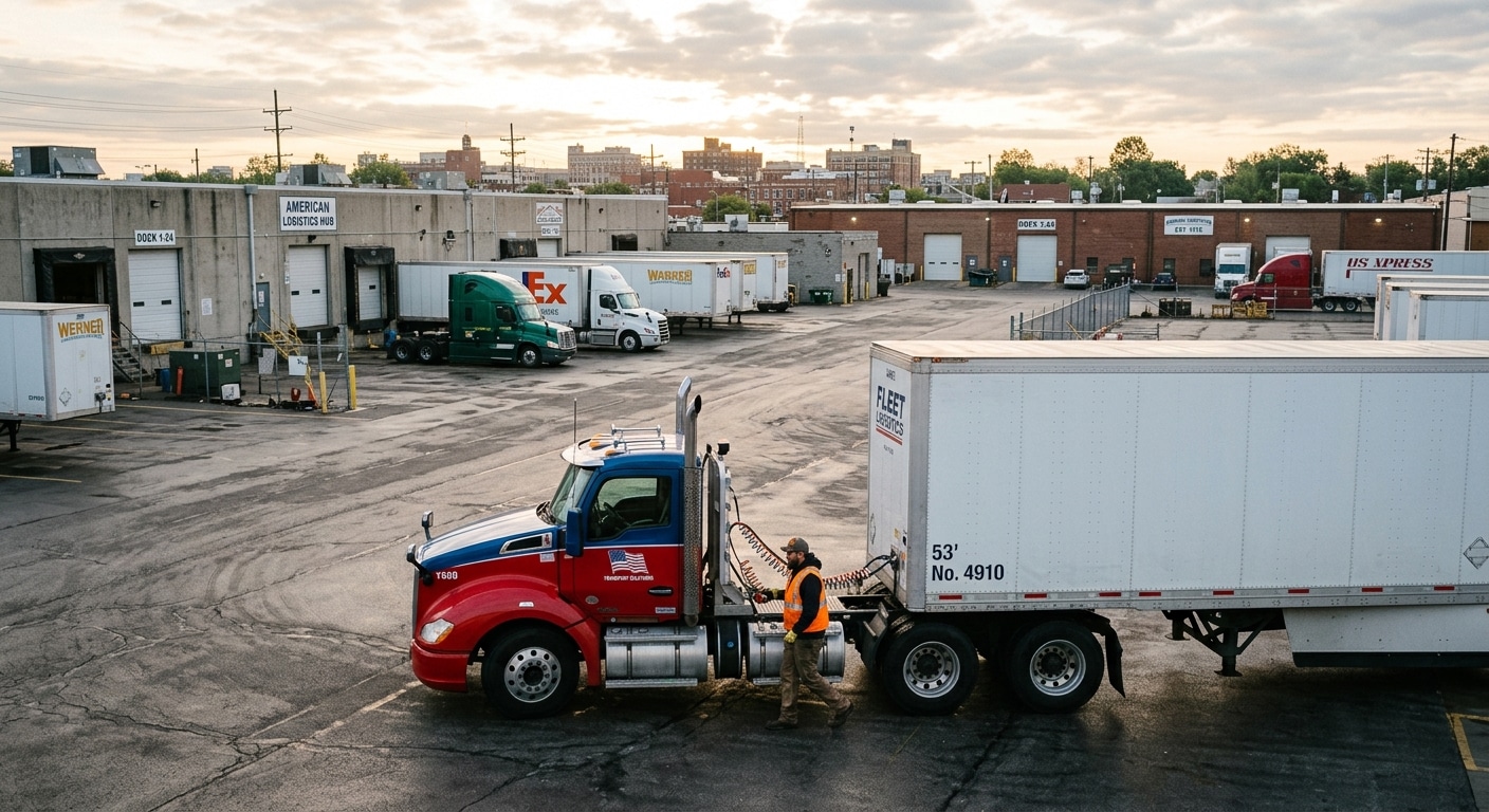 camion autonomi Piazzale di uno smistamento merci in una città americana media al mattino. Un