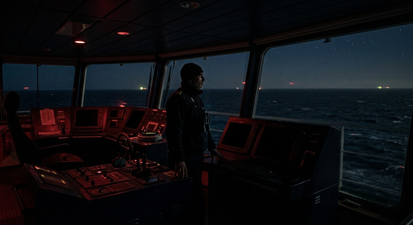 Stretto di Hormuz Plancia di comando di una nave cargo di notte, schermi radar spenti o oscurati,