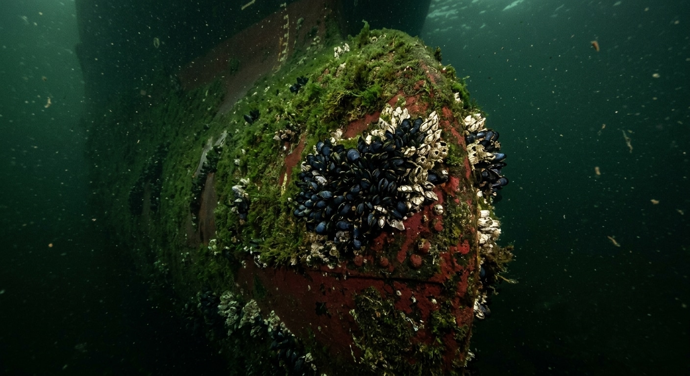 Specie invasive Primo piano subacqueo dello scafo di una nave cargo ferma. Vernice rossa scura