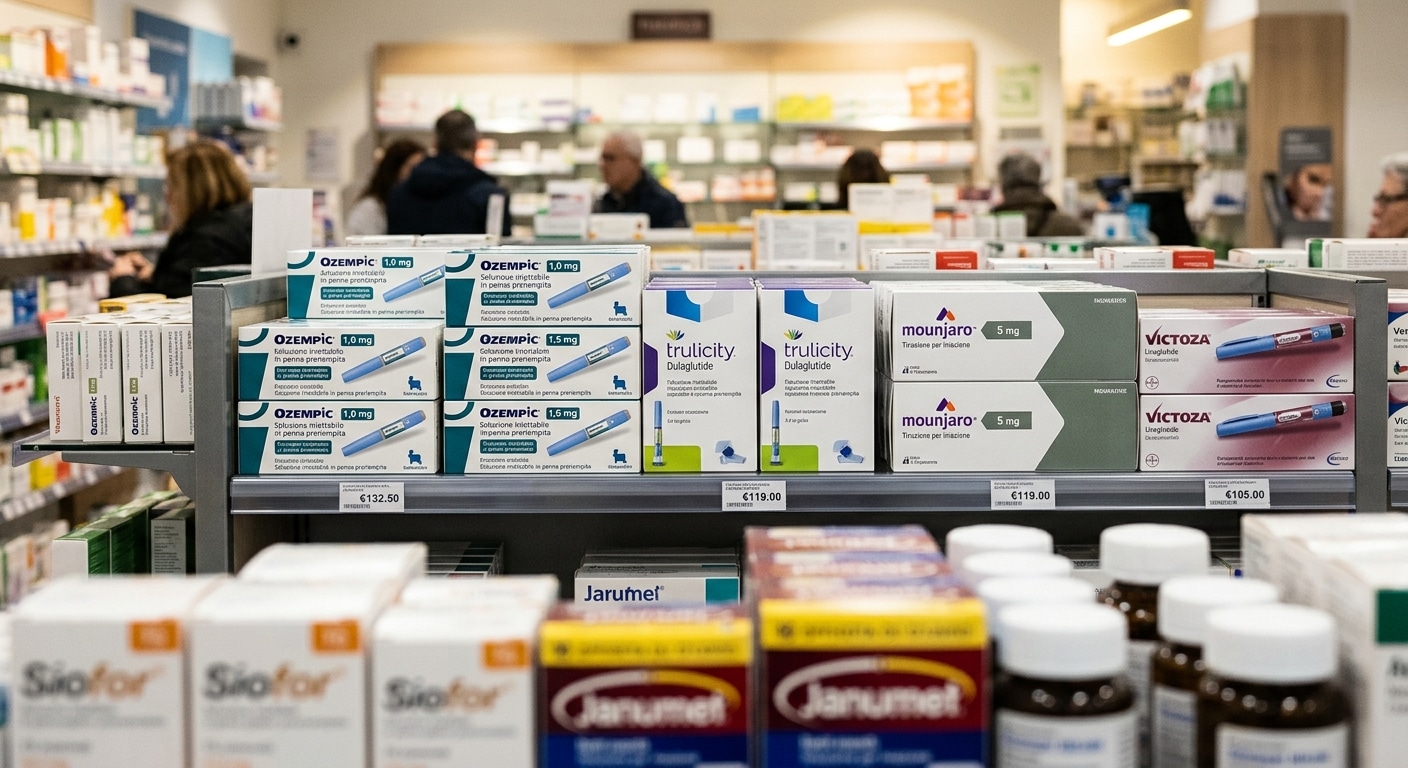 Impianto semaglutide Scaffale farmaceutico con confezioni di penne iniettabili per il diabete