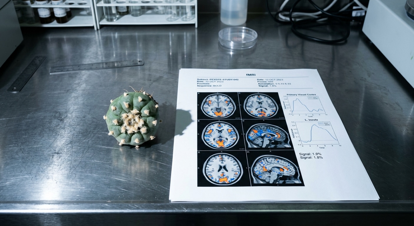 Mescalina Un cactus peyote fotografato dall'alto in un laboratorio, appoggiato su un