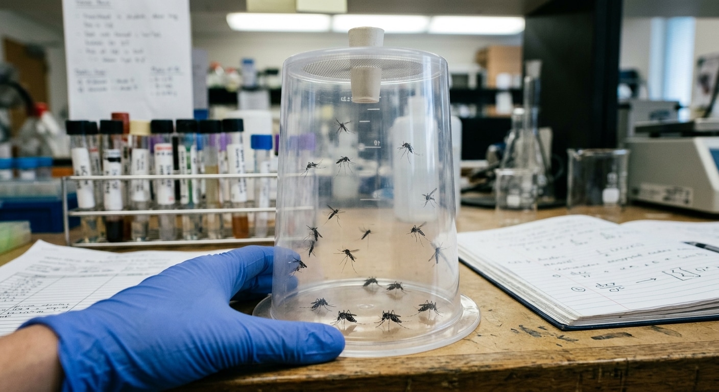 Resistenza zanzare Un cono di plastica trasparente per bioassay OMS appoggiato su un tavolo di
