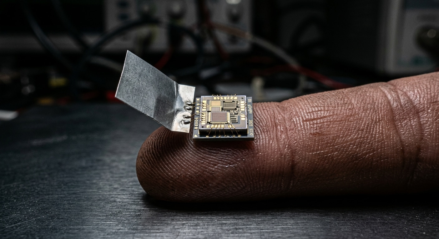 Buco nero sonda Un microchip da un grammo poggiato su un polpastrello umano, primissimo piano