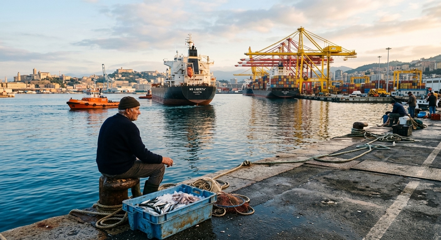 Un porto commerciale mediterraneo al mattino. Gru gialle in secondo piano, un