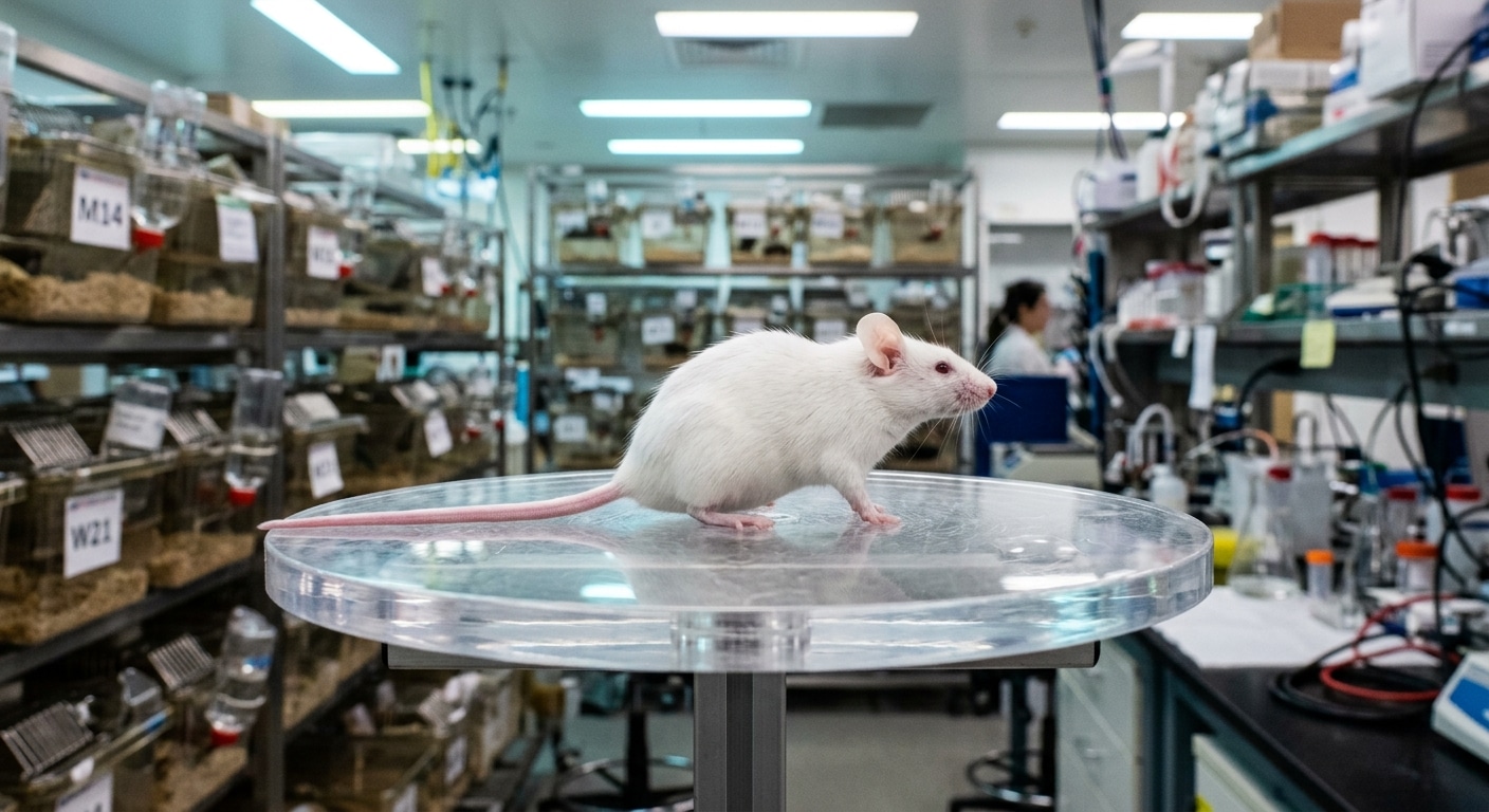 parkinson virus Un topo da laboratorio bianco visto di profilo su una piattaforma circolare