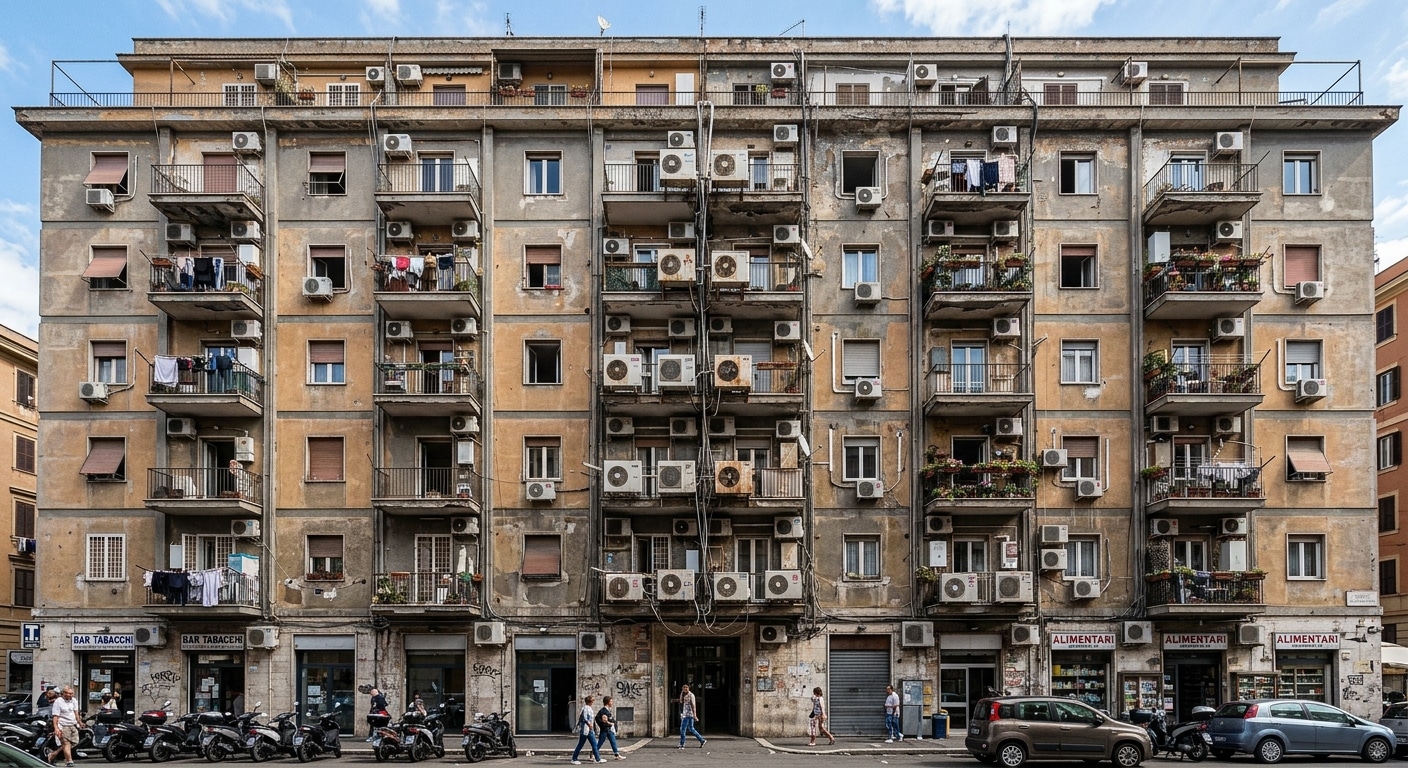 Una facciata di palazzo piena di motori di condizionatore