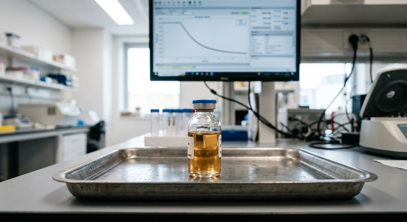 Silenziamento genico Una fiala trasparente su un vassoio metallico da laboratorio, primo piano