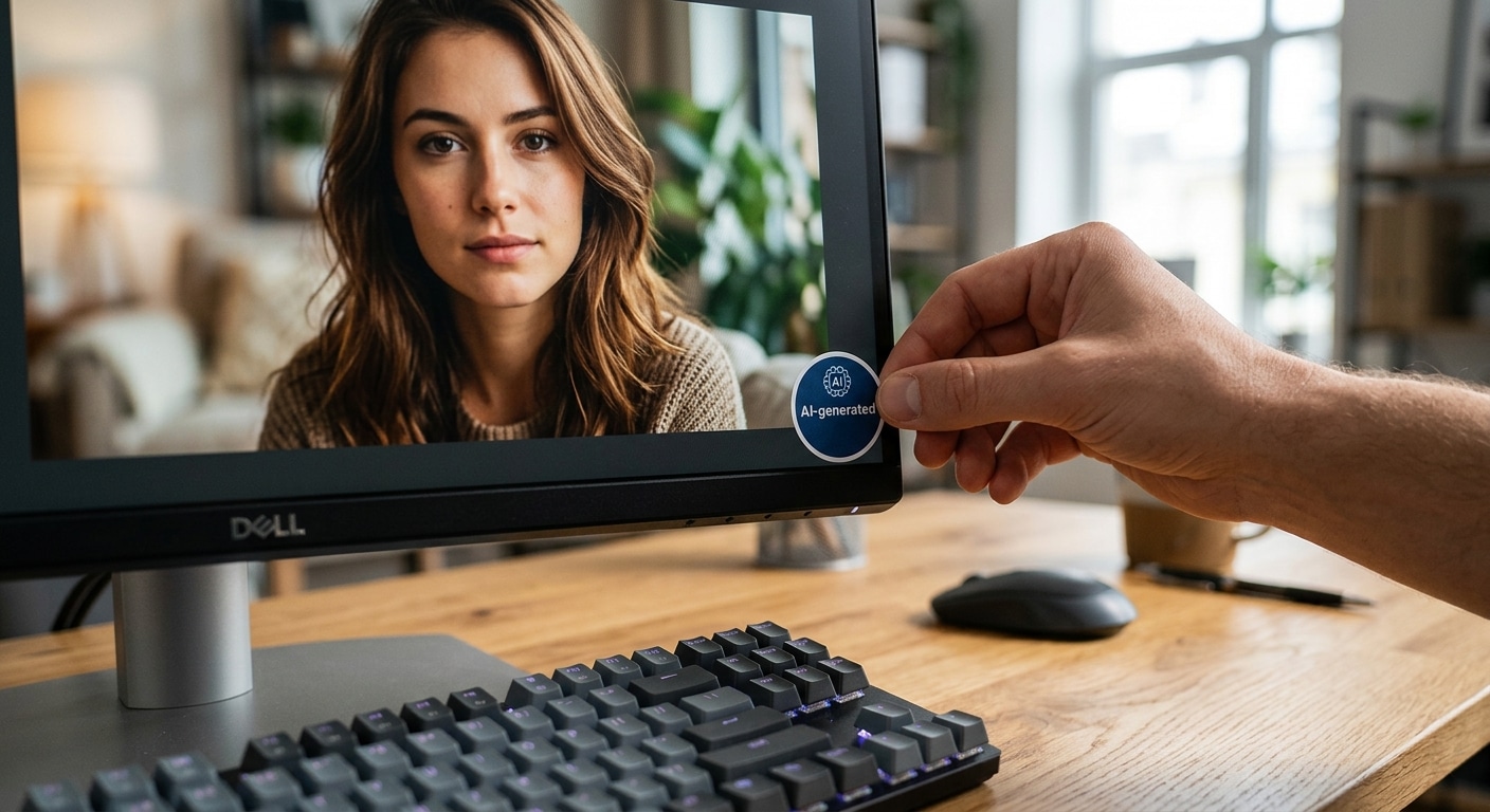 Contenuti AI Una mano appoggia un piccolo adesivo circolare "AI-generated" sull'angolo di