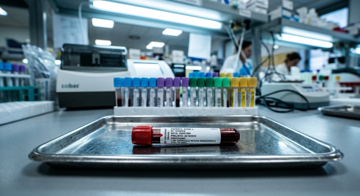 Testosterone Una provetta di sangue etichettata su un vassoio di acciaio in un laboratorio