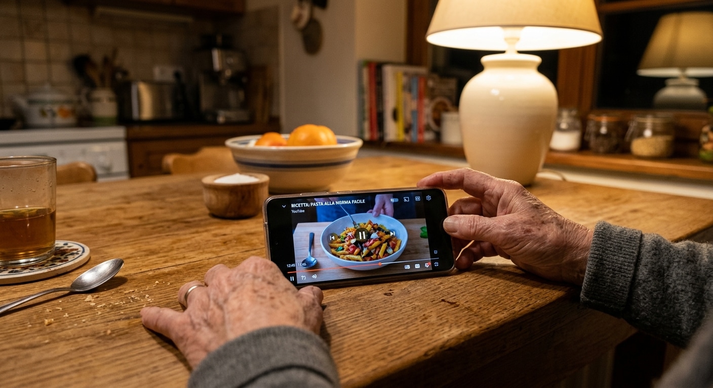 AI Anziani Uno smartphone appoggiato su un tavolo di cucina, schermo acceso su un video