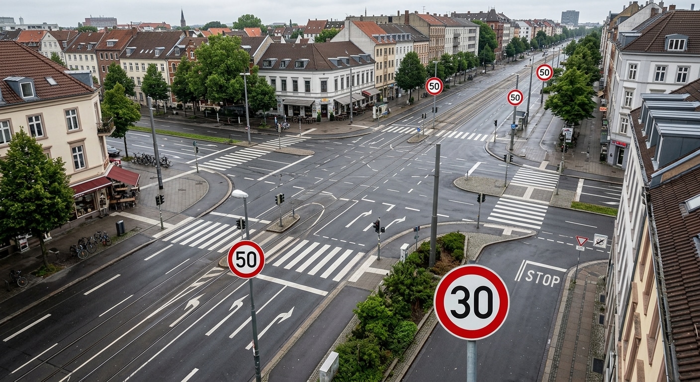 Vista dall'alto di un incrocio stradale europeo con più cartelli di limiti di velocità