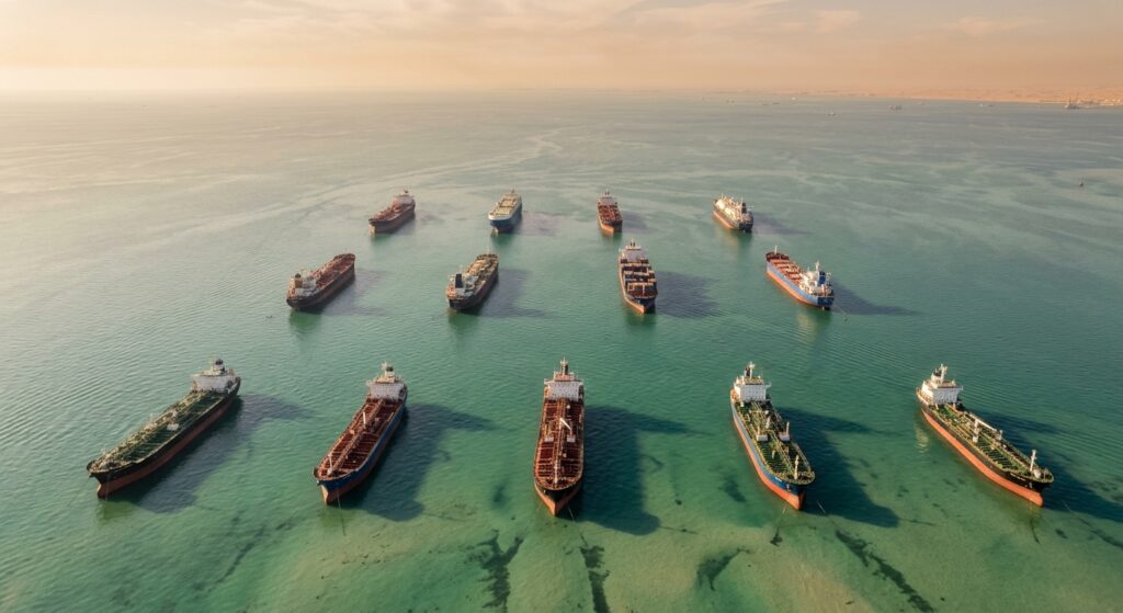 Vista dall'alto, quasi zenitale, di un tratto di mare aperto nel Golfo Persico. Una decina di grandi navi commerciali all'ancora, disposte in file quasi parallele. Acqua verde-azzurra, ombre lunghe delle chiglie sul fondo chiaro. Luce del tardo pomeriggio, cielo velato dal caldo.