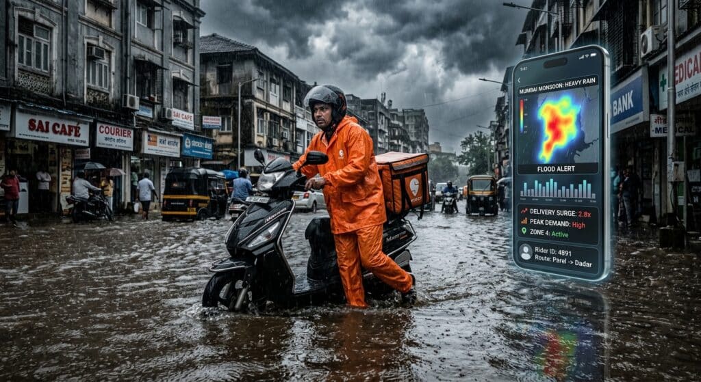 A delivery rider in an orange raincoat navigating a flooded urban street in Mumbai during monsoon season, water rising above knee level, carrying an insulated food bag on their scooter. The scene is captured from a mid-distance perspective, dramatic storm clouds overhead with heavy rain visible, city buildings reflected in the murky floodwater. In the background, a glowing smartphone screen interface with weather heatmap overlays and price surge indicators floats as a translucent digital element, contrasting the human figure struggling through the flood with cold algorithmic data visualizations. Cinematic editorial photography style, desaturated tones with pops of orange, moody and thought-provoking atmosphere, photorealistic.