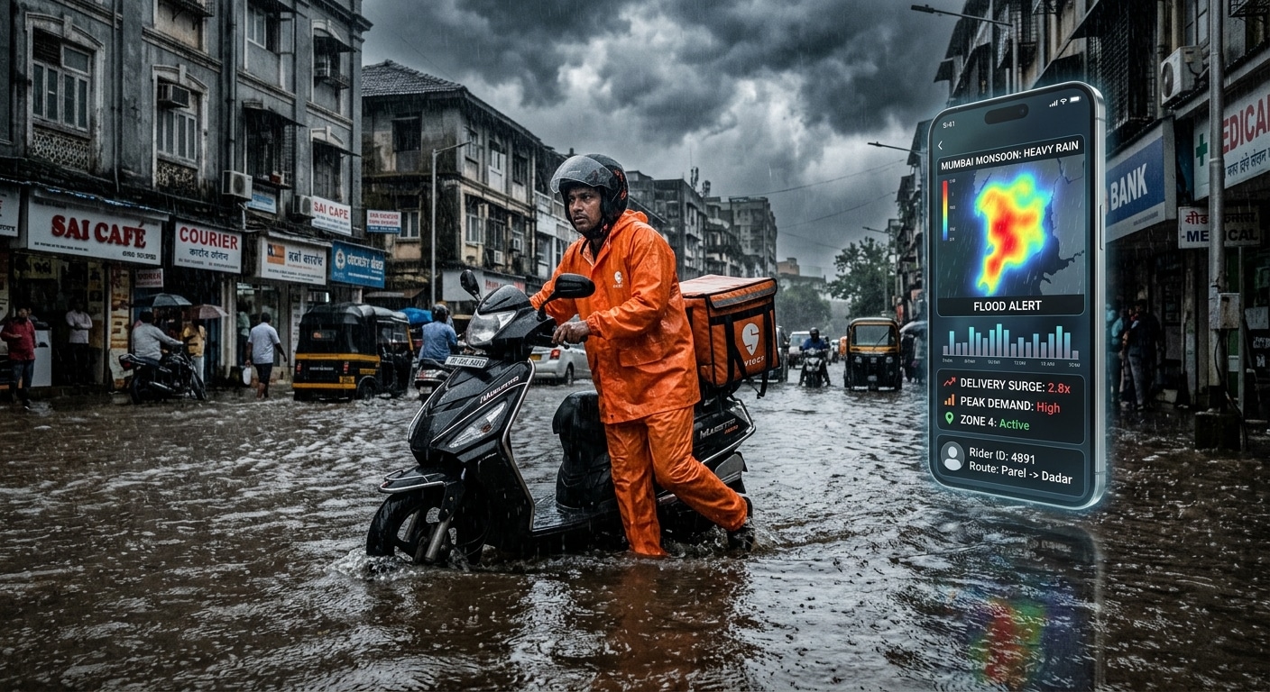 A delivery rider in an orange raincoat navigating a flooded urban street in Mumbai during monsoon season, water rising above knee level, carrying an insulated food bag on their scooter. The scene is captured from a mid-distance perspective, dramatic storm clouds overhead with heavy rain visible, city buildings reflected in the murky floodwater. In the background, a glowing smartphone screen interface with weather heatmap overlays and price surge indicators floats as a translucent digital element, contrasting the human figure struggling through the flood with cold algorithmic data visualizations. Cinematic editorial photography style, desaturated tones with pops of orange, moody and thought-provoking atmosphere, photorealistic.
