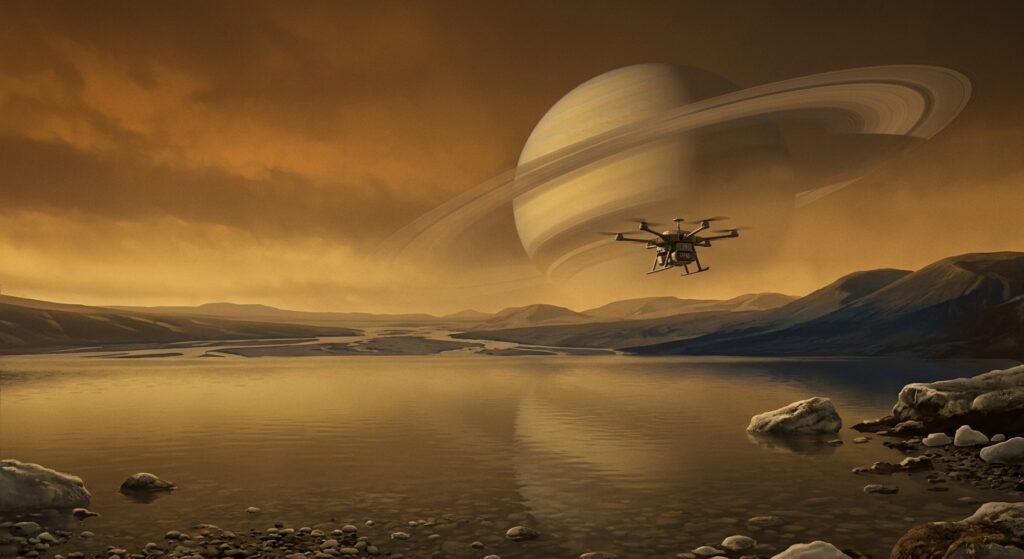 A dramatic and scientifically accurate illustration of Titan, Saturn's largest moon, viewed from its surface under an orange haze-filled sky. In the foreground, a vast calm lake of liquid methane and ethane reflects the diffuse amber light filtering through the thick nitrogen atmosphere. Rocky ice formations line the shoreline, while distant river deltas carve paths through a pale, sandy terrain. Above the horizon, Saturn looms enormous and majestic, its iconic rings casting subtle shadows. A small futuristic nuclear-powered rotorcraft drone hovers mid-distance above the landscape, its blades cutting through the dense atmospheric haze. The overall mood is alien yet strangely familiar, cold and mysterious, rendered in a detailed cinematic sci-fi illustration style with muted golden, amber, and deep blue tones, evoking both scientific realism and the vast loneliness of the outer solar system.