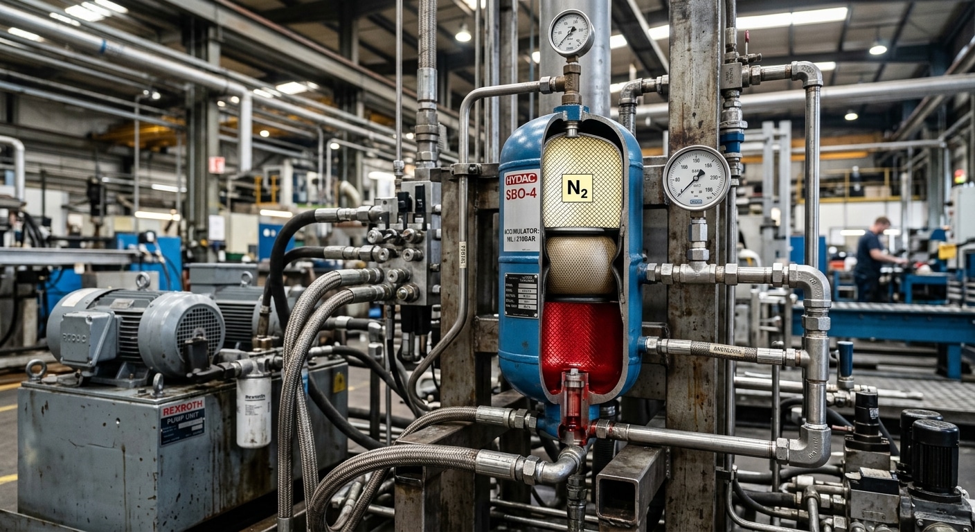 A dramatic close-up cutaway view of an industrial hydraulic accumulator vessel mounted in a complex hydraulic system, showing internal gas and fluid chambers separated by a membrane, surrounded by metal pipes, pressure gauges, valves, and hydraulic lines in a heavy industrial facility setting. The scene is rendered in a photorealistic editorial style with cool metallic tones, subtle ambient industrial lighting, and a sense of engineered precision. The accumulator is the focal point, partially cross-sectioned to reveal its internal structure, with visible compressed nitrogen gas on one side and hydraulic fluid on the other. Background elements include a pump unit, circuit components, and steel framework of a factory floor, slightly out of focus. The mood conveys reliability, mechanical intelligence, and industrial continuity.