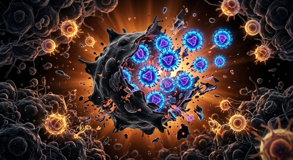 A dramatic close-up medical illustration showing a microscopic battle scene: a modified herpesvirus particle, rendered in bioluminescent blue and purple, actively penetrating and destroying a dark, irregular melanoma cancer cell. The virus particle is visually bursting the tumor cell from within, releasing glowing fragments that attract stylized immune cells rushing in from the surrounding tissue. The background transitions from deep black at the edges to a warm amber glow at the center of the destruction, symbolizing both danger and hope. The overall aesthetic is cinematic and scientific, blending photorealistic cellular biology with dramatic editorial lighting, shot as if through an electron microscope with an artistic, high-contrast treatment. No text or labels.