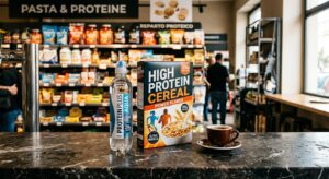 A dramatic close-up still life photograph of an Italian bar counter, showing a premium "protein plus" water bottle, a "high protein" cereal box, and a small espresso cup side by side. The water bottle and cereal packaging are prominently lit with a slightly ironic, overly glossy commercial glow, while the simple espresso cup sits quietly in soft, warm natural light. In the background, slightly out of focus, shelves packed with protein-branded food products stretch across a modern Italian supermarket aisle. The mood is editorial and critical, with a cool, clinical color palette contrasting against the warm tones of traditional Italian bar culture. Photorealistic, high-resolution editorial photography style, shallow depth of field, cinematic lighting.