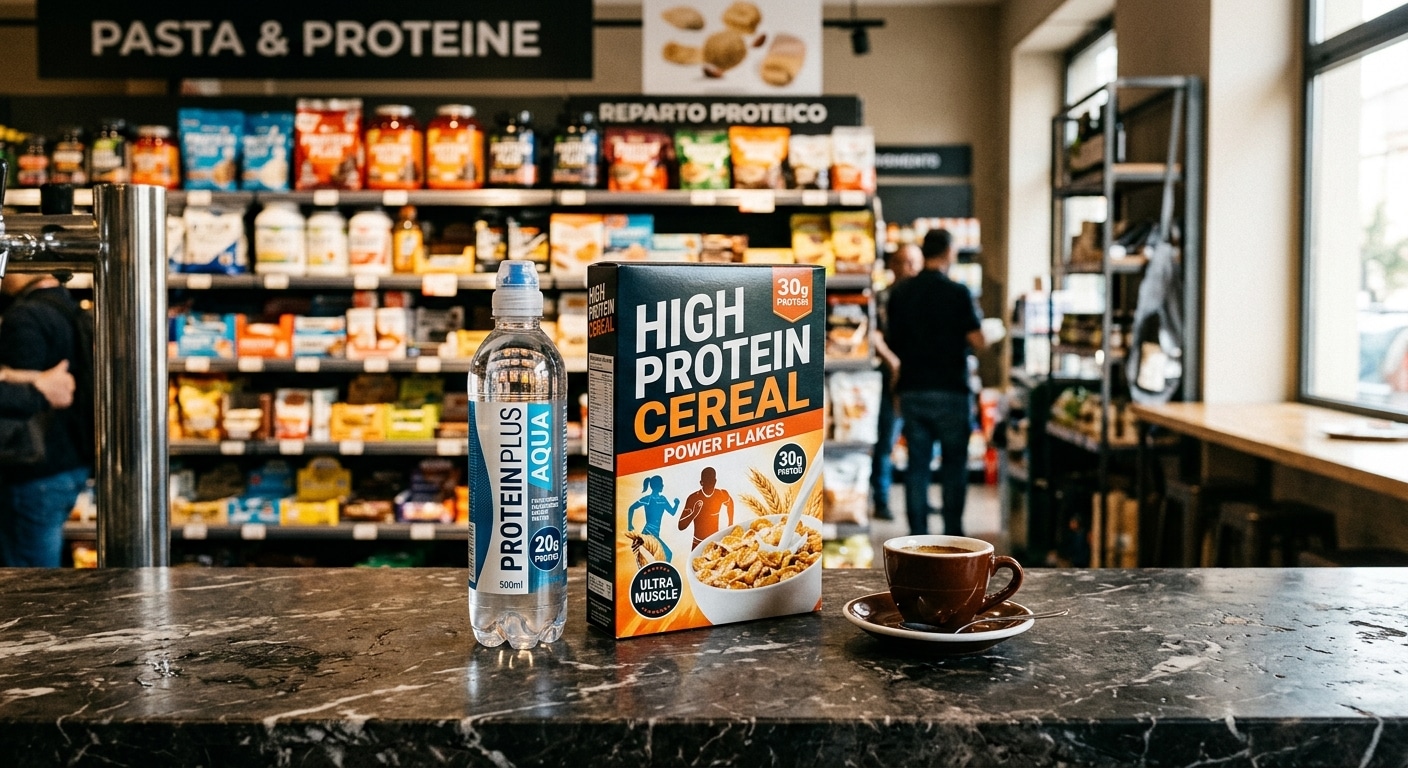 A dramatic close-up still life photograph of an Italian bar counter, showing a premium "protein plus" water bottle, a "high protein" cereal box, and a small espresso cup side by side. The water bottle and cereal packaging are prominently lit with a slightly ironic, overly glossy commercial glow, while the simple espresso cup sits quietly in soft, warm natural light. In the background, slightly out of focus, shelves packed with protein-branded food products stretch across a modern Italian supermarket aisle. The mood is editorial and critical, with a cool, clinical color palette contrasting against the warm tones of traditional Italian bar culture. Photorealistic, high-resolution editorial photography style, shallow depth of field, cinematic lighting.
