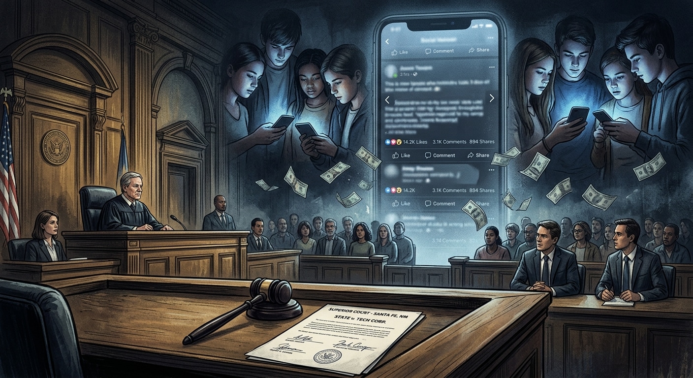 A dramatic courtroom scene in Santa Fe, New Mexico, rendered in a moody editorial illustration style. A wooden judge's bench dominates the foreground, with a heavy gavel resting beside a signed legal document. In the background, looming large and slightly translucent like a ghost, the silhouette of a smartphone displaying a social media feed with blurred like counters and engagement metrics. Surrounding the phone are fragmented images of young teenagers looking downward, their faces cast in the cold blue glow of screens. The color palette is deep navy, steel gray, and muted gold, evoking both legal authority and digital coldness. Scattered dollar bill fragments float subtly in the air, suggesting vast wealth rendered insignificant. The overall mood is serious, consequential, and reckoning — justice meeting technology in a moment of historic tension.