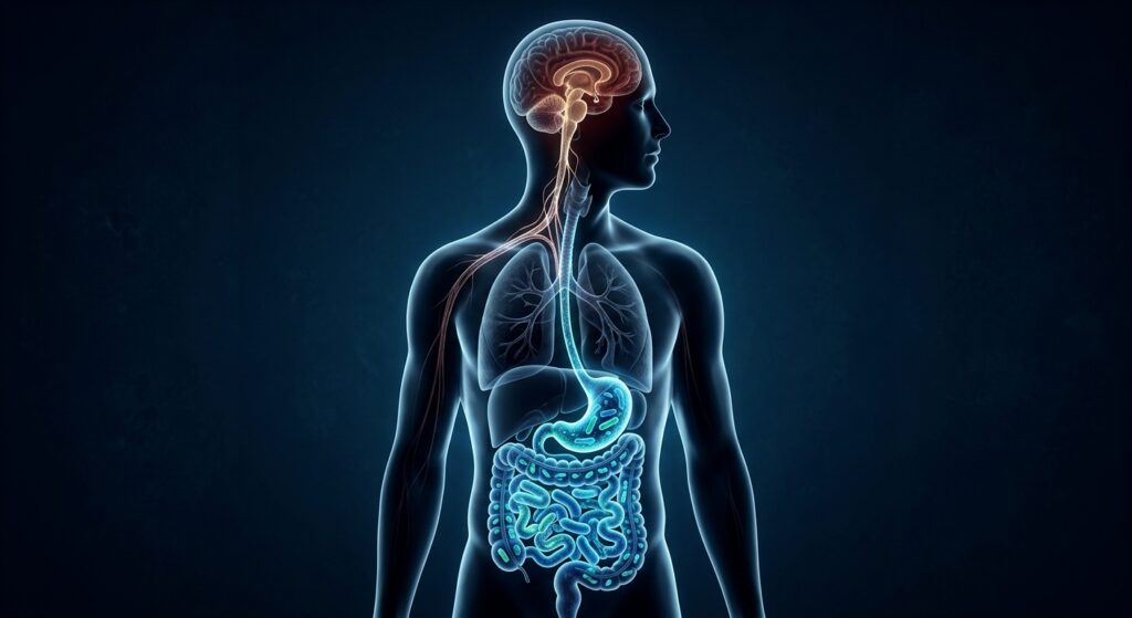 A dramatic, high-concept scientific illustration showing a translucent human silhouette in profile, with the gut and brain simultaneously visible and connected by a luminous neural pathway resembling the vagus nerve. Inside the intestinal tract, microscopic bacteria are rendered in bioluminescent detail — glowing clusters of rod-shaped and spherical microorganisms in cool blues and greens. The brain area subtly shifts to warmer, more unsettling amber and deep red tones, suggesting the psychological dimension. The overall aesthetic is dark and clinical, like a cross between medical imaging and conceptual art, with a deep navy background, sharp contrasts, and a photorealistic yet slightly surreal quality. No text, no labels, no diagrams — purely visual metaphor for the hidden biological connection between gut microbiome and personality traits.