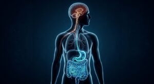 A dramatic, high-concept scientific illustration showing a translucent human silhouette in profile, with the gut and brain simultaneously visible and connected by a luminous neural pathway resembling the vagus nerve. Inside the intestinal tract, microscopic bacteria are rendered in bioluminescent detail — glowing clusters of rod-shaped and spherical microorganisms in cool blues and greens. The brain area subtly shifts to warmer, more unsettling amber and deep red tones, suggesting the psychological dimension. The overall aesthetic is dark and clinical, like a cross between medical imaging and conceptual art, with a deep navy background, sharp contrasts, and a photorealistic yet slightly surreal quality. No text, no labels, no diagrams — purely visual metaphor for the hidden biological connection between gut microbiome and personality traits.