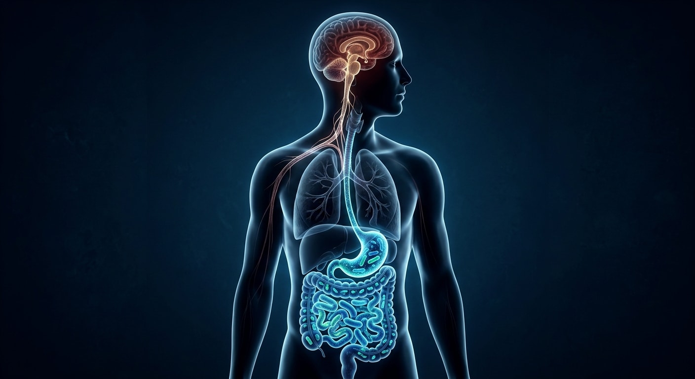 A dramatic, high-concept scientific illustration showing a translucent human silhouette in profile, with the gut and brain simultaneously visible and connected by a luminous neural pathway resembling the vagus nerve. Inside the intestinal tract, microscopic bacteria are rendered in bioluminescent detail — glowing clusters of rod-shaped and spherical microorganisms in cool blues and greens. The brain area subtly shifts to warmer, more unsettling amber and deep red tones, suggesting the psychological dimension. The overall aesthetic is dark and clinical, like a cross between medical imaging and conceptual art, with a deep navy background, sharp contrasts, and a photorealistic yet slightly surreal quality. No text, no labels, no diagrams — purely visual metaphor for the hidden biological connection between gut microbiome and personality traits.