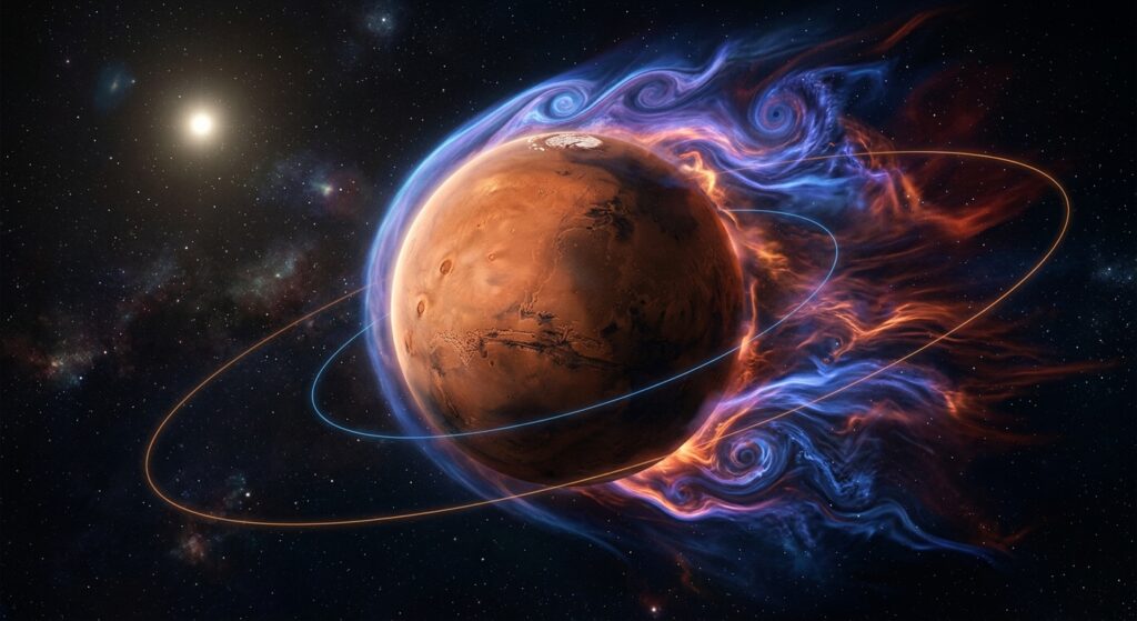 A dramatic scientific visualization of Mars in deep space, showing the planet's thin reddish atmosphere being stripped away asymmetrically by the solar wind. On one side of the planet, massive swirling plasma waves resembling giant ocean waves or atmospheric ripples — Kelvin-Helmholtz instabilities — are forming at the boundary between the solar wind and the Martian upper atmosphere. Glowing blue and violet streams of ionized plasma peel away from the planet in large churning vortices, while the other side of Mars remains comparatively calm. Two spacecraft orbits are subtly visible around the planet — one closer and one farther out — suggesting coordinated observation. The scene is rendered in a realistic space environment with the Sun visible in the far background, casting harsh light on the rust-colored Martian surface below. The overall mood is scientific and awe-inspiring, with rich contrasts between the cold blue plasma flows and the warm ochre tones of Mars, cinematic deep-space lighting, highly detailed digital illustration style.