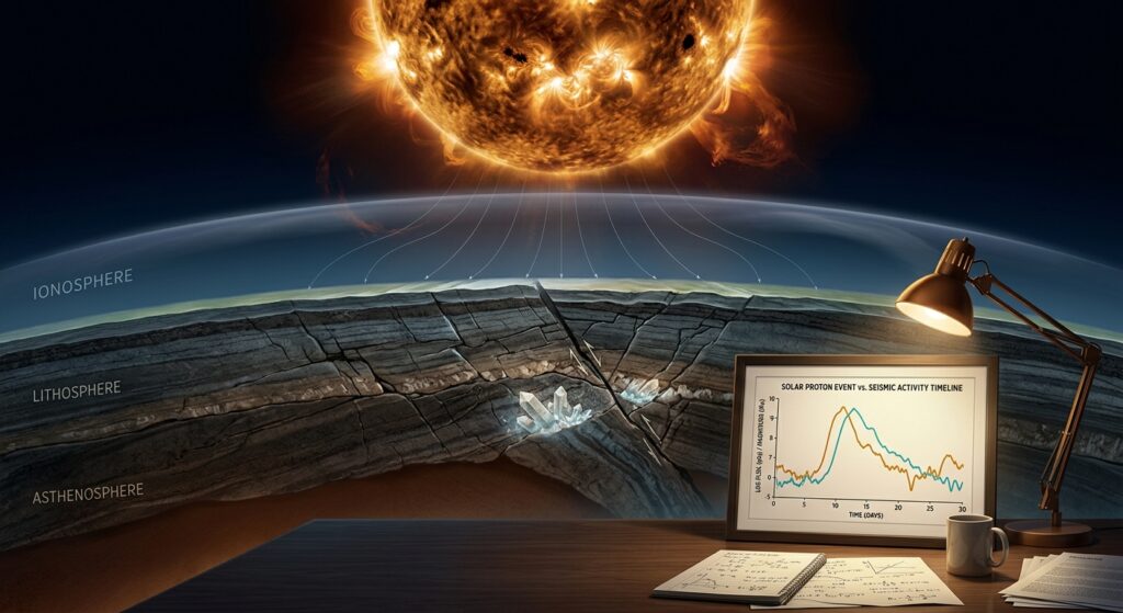 A dramatic split-scene scientific illustration showing the Sun in the upper half of the image, with visible solar proton flares and coronal activity radiating outward in deep oranges and yellows against the black of space, and in the lower half, a cross-section of tectonic fault lines deep within the Earth's crust, with visible stress fractures and crystalline quartz structures glowing faintly under mechanical pressure. Connecting the two halves, a subtle translucent arc representing the ionosphere curves across the middle, with faint electric field lines descending from the solar wind toward the lithosphere. In the foreground, a framed scientific graph on a researcher's desk shows two overlapping waveform curves slightly offset in time, illuminated by warm office light. The overall mood is contemplative and scientifically rigorous, rendered in a photorealistic editorial style with deep blues, warm ambers, and subtle greens, evoking the tension between statistical correlation and unproven causality.
