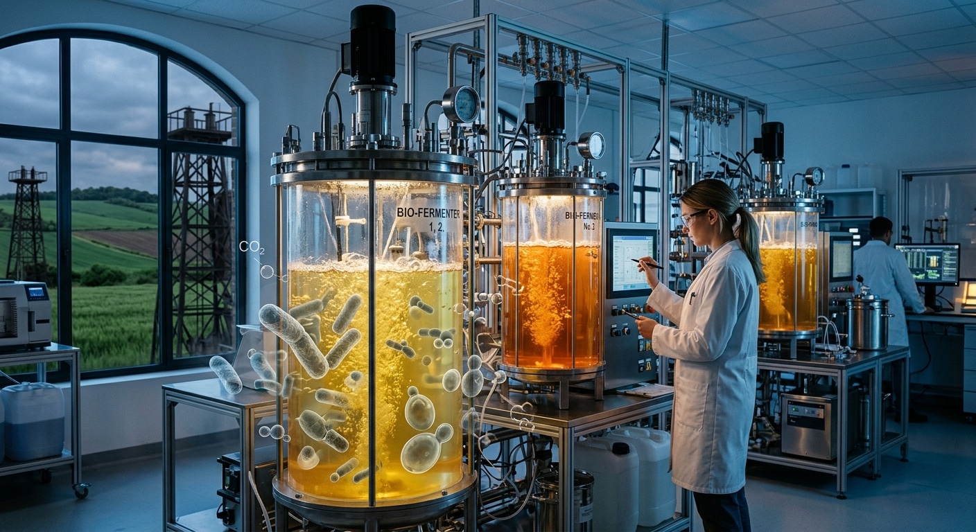 A futuristic scientific bioreactor laboratory with large transparent cylindrical tanks filled with bubbling liquid cultures, soft blue and amber lighting illuminating the space. In the foreground, microscopic bacteria and yeast cells are visualized as an artistic overlay, floating like organisms in suspension. Carbon dioxide molecules represented as subtle molecular diagrams drift through the air. The atmosphere is clinical yet hopeful, with stainless steel equipment and scientific instruments surrounding the bioreactors. In the background, a faint visual contrast between industrial infrastructure and lush green fields hints at the tension between traditional agriculture and biotechnological food production. The overall mood is serious, forward-looking, and grounded in scientific realism, rendered in a high-quality editorial photography style with dramatic depth of field.