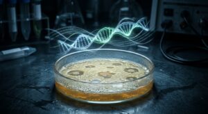 A hyper-realistic, cinematic close-up photograph of a glass Petri dish on a dark laboratory bench, illuminated by cool blue-white light. Inside the dish, a bacterial culture shows several expanding clear circular zones — plaques — where cells have been destroyed. Hovering above the dish in a shallow depth-of-field blur, abstract glowing strand-like structures resembling DNA helixes intertwined with flowing lines of binary code suggest an artificial intelligence designing biological sequences. The atmosphere is tense and ambivalent — scientifically wondrous yet subtly ominous. Deep shadows frame the edges of the scene, while the center glows with clinical precision. The color palette is dominated by cool steel blues, translucent amber from the agar medium, and faint bioluminescent greens. Editorial science photography style, ultra-detailed, moody lighting, 4K resolution.